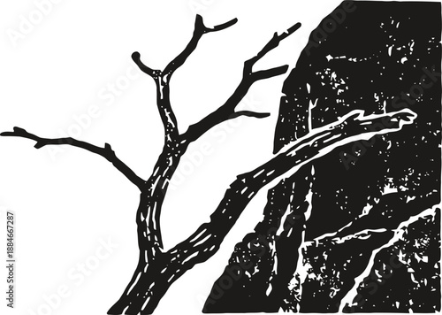 Dead tree branches beside a textured rocky cliff in black and white vector