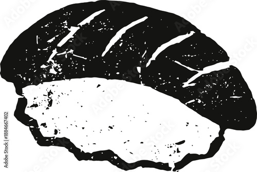 Black and white hand drawn illustration of sushi nigiri with fish slice on rice