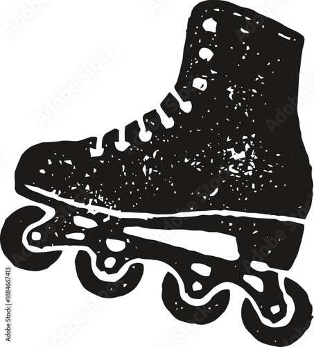 Black vintage roller skate silhouette with wheels and laces in grunge