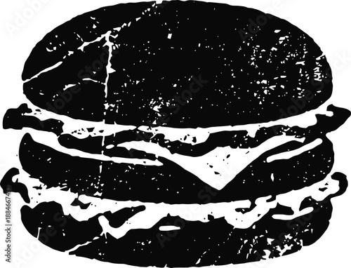 Grunge cheeseburger silhouette with lettuce and cheese on bun illustration
