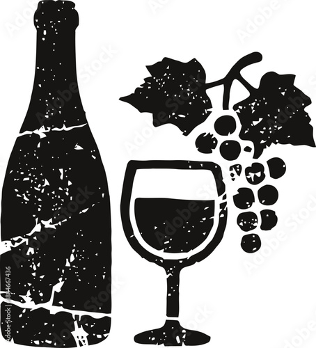 Wine bottle and glass with grapevine illustration vintage black and white wine design