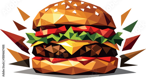 Geometric Burger Delight. Low-poly vector illustration of a juicy burger representing fast food culture and casual dining,