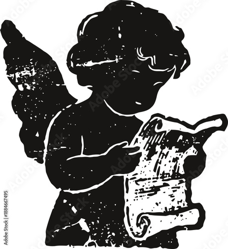 Vintage silhouette of cherub angel reading a scroll paper with wings and curly hair