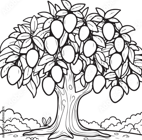 Vector illustration of a ripe apple tree with green leaves and a grapevine branch featuring a bunch of grapes in a nature inspired vineyard design
