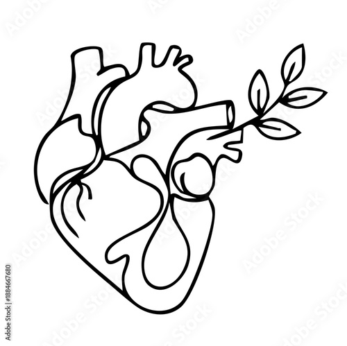 Anatomical heart merging with growing plant branch line art