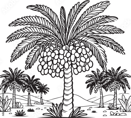 A set of exotic palm tree silhouettes and tropical coconut leaf vectors creates a black nature pattern design perfect for summer beach travel and island flora illustrations
