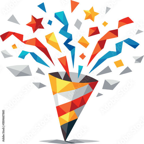 Geometric Celebration Burst. Low-poly vector illustration of a minimalist party popper bursting with confetti symbolizing