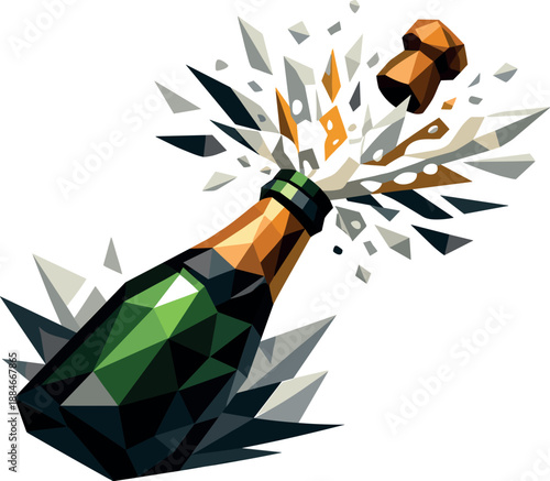 Celebratory Champagne Explosion. Low-poly vector illustration of a champagne bottle opening with powerful spray symbolizing