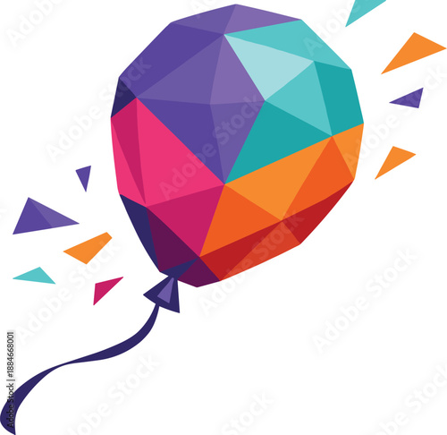 Geometric Celebration Balloon. Low-poly vector illustration of a colorful party balloon symbolizing fun, happiness, and