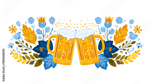 Cheers with beer mugs surrounded by flowers and plants in vibrant colors
