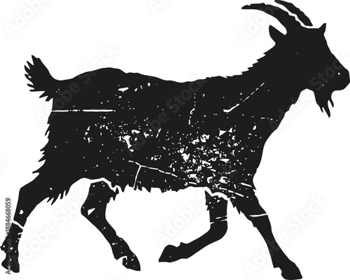 Rustic goat silhouette with textured distressed effect in black and white