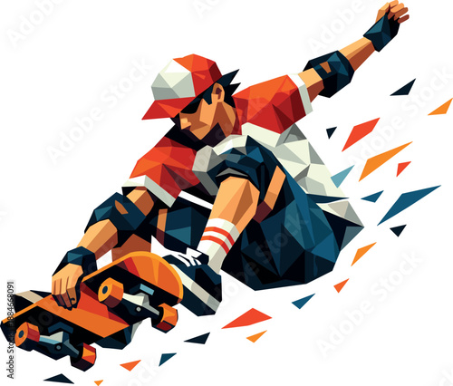 Retro Skateboard Aerial. Low-poly vector illustration of a retro 80s skateboarder performing an aerial trick, polygonal geometric