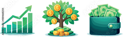Financial Growth Symbols. Rising stock market graph connected to money tree and wallet overflowing with banknotes depicted as