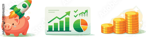 Financial Growth Icons. Piggy bank with upward rocket, financial dashboard with positive metrics, and golden coins stacking higher