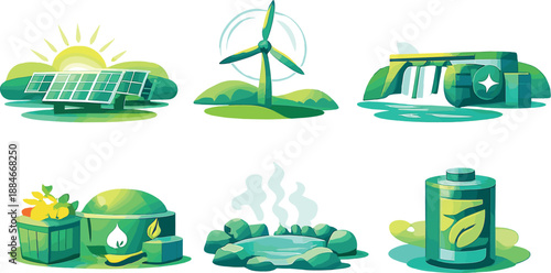 Renewable Energy Harmony. Sunrise over solar farm, spinning wind propeller, river flow to generator, organic waste to energy cycle