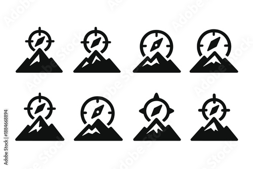 Mountain Crest Icons. Solid style icons of a mountain crest cradling direction: ridge compass cradle, mountain-top guide point,