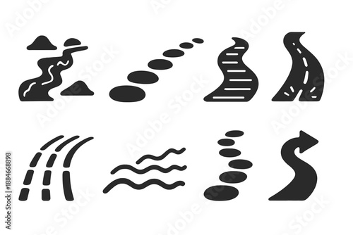 Harmonic Terrain Icons. Solid style icons of harmonic terrain trails: vibration-marked path, cadence-guided stones, oscillating