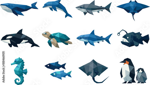 Marine Life Icons. Marine Life Low-Poly Vector Icon Set, whales, dolphins, sharks, ocean wildlife symbols. Low-poly vector icon