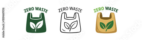 Zero waste plastic bag with leaf icon set. Eco friendly, reusable, sustainable shopping symbol. Outline flat and colored vector illustration.