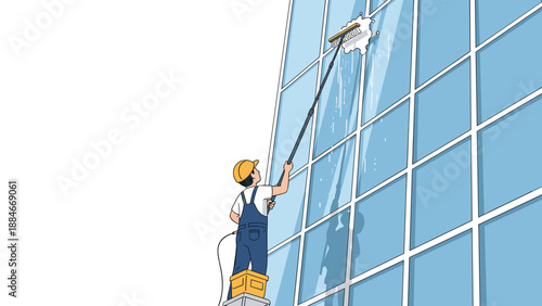 Brave window cleaner in a yellow hard hat and blue overalls, using a long-handled brush to meticulously clean the exterior of a tall glass building.