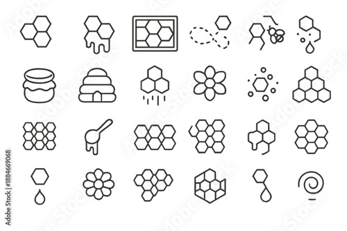 Honeycomb Icon Collection. Line style icons of honeycomb patterns: hexagon cell, dripping honey, wax frame, bee trail, honey flow,