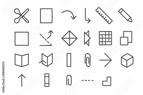 Paper Folding Icons. Line style icons of paper folding: scissors, paper sheet, folding arrow, ruler, pencil, square base, valley