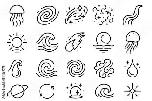 Ocean-Cosmos Icon Fusion. Line style icons of ocean and cosmos fusion: jellyfish, galaxy swirl, star trail, nebula, floating