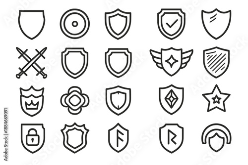 Line Style Shields. Line style icons of shields and protection: classic shield, round shield, crest, armor plate, sword cross,