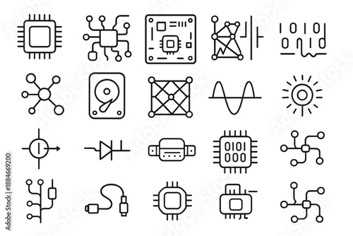 Digital Computation Icons. Line style icons of digital computation: processor, circuit board, motherboard, bit stream, data node,