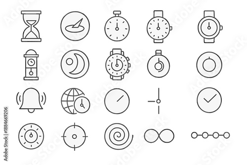 Timekeeping Icons Collection. Line style icons of time measurement: hourglass, sundial, atomic clock, stopwatch, wristwatch,