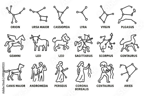Constellation Line Icons. Line style icons of constellations: Orion, Ursa Major, Cassiopeia, Lyra, Draco, Pegasus, Taurus, Leo,