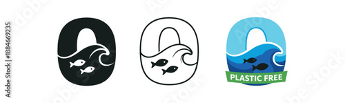 zero contain plastic free ocean wave with fish silhouette