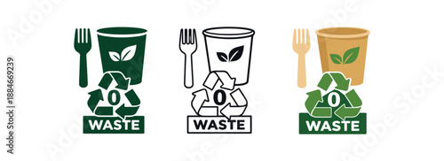 zero contain biodegradable fork and cup icon set