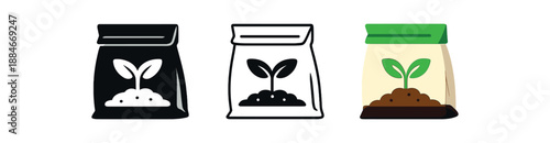 Soil bag with seedling icon set. Fertilizer, garden, planting, organic compost symbol. Outline flat and colored vector illustration.