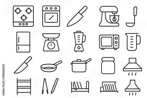 Culinary Equipment Icons. Line style icons of culinary equipment: gas stove, oven, cutting knife, mixer, refrigerator, food scale,