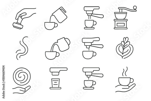 Artisan Coffee Icons. Line style icons of artisan coffee craft: barista hand, tamping motion, milk frothing, espresso shot,