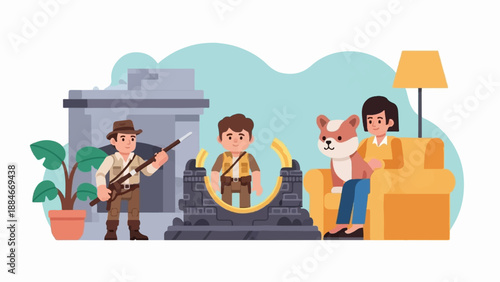 Adventurer interacts with portal while woman and dog relax indoors