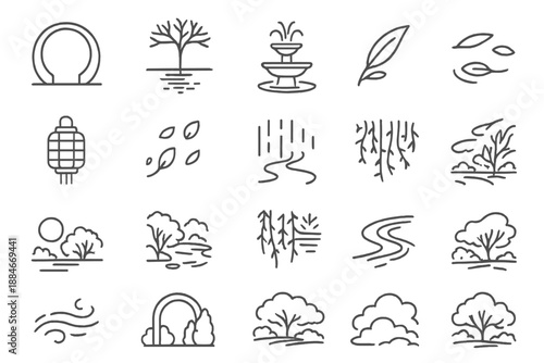 Dreamy Garden Icons. Line style icons of poetic garden imagery: moon gate, tree reflection, fountain mist, leaf drift, water