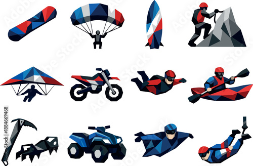 Extreme Sports Icons. Low-poly geometric icon set focused on extreme outdoor sports, including snowboards, parachutes, surfboards,