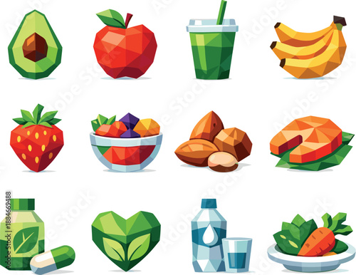 Healthy Food Icons. A fresh low-poly vector icon set illustrating healthy nutrition, featuring avocados, apples, smoothies, fruits