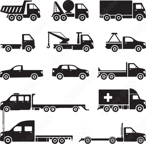 black truck and car vehicle silhouettes on white background
