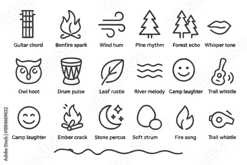 Wild Harmony Icons. Line style icons of Wild Harmony: guitar chord, bonfire spark, wind hum, pine rhythm, forest echo, owl hoot,
