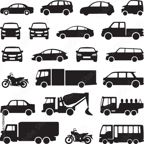 black silhouettes of various vehicles on white background