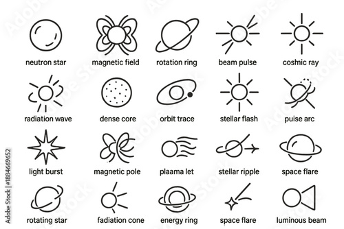 Pulsar Phenomena Icons. Line style icons of Pulsar Phenomena: neutron star, magnetic field, rotation ring, beam pulse, cosmic ray,