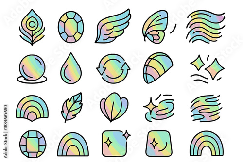 Iridescent Nature Icons. Line style icons of Iridescent Nature: peacock feather, opal gem, shimmering wing, butterfly scale, oil