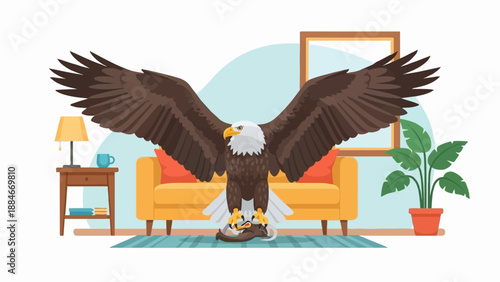 An eagle with spread wings stands on a rug, holding prey, in a living room