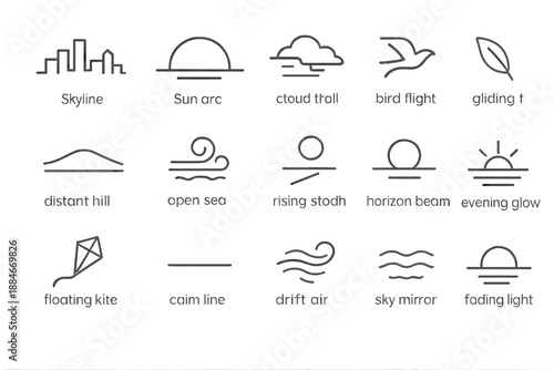 Horizon Calm Icons. Line style icons of Horizon Calm: skyline, sun arc, cloud trail, bird flight, distant hill, open sea, rising
