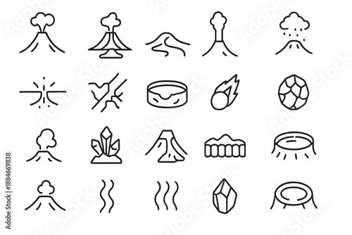 Volcanic Activity Icons. Line style icons of Volcanic Activity: eruption cone, magma chamber, lava river, smoke column, ash fall,