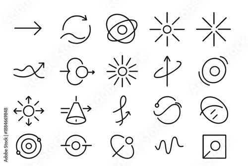Space Dynamics Icons. Line style icons of Space Dynamics: motion vector, speed arc, orbit wave, light path, time curve, trajectory