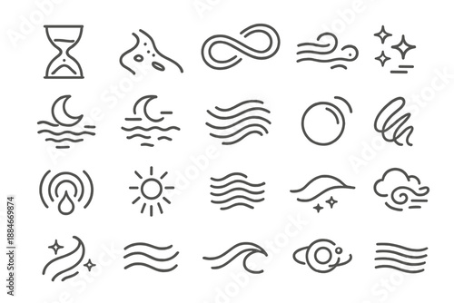 Eternal Flow Icons. Line style icons of Eternal Flow: hourglass shadow, flowing sand, river loop, spiral current, moon reflection,